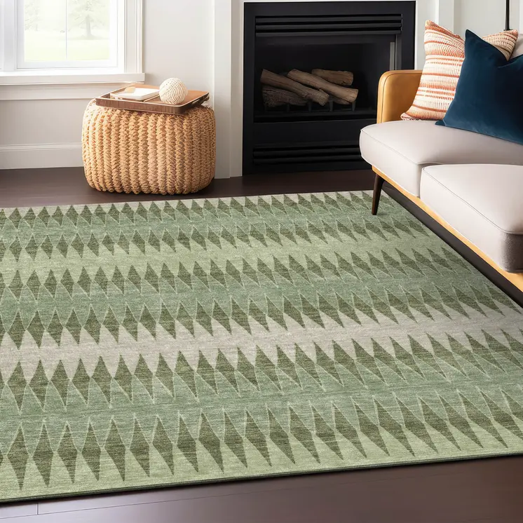 3' X 5' Artichoke Green And Light Green Striped Washable Indoor Outdoor Area Rug