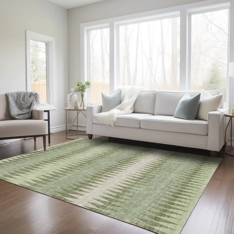 3' X 5' Artichoke Green And Light Green Striped Washable Indoor Outdoor Area Rug