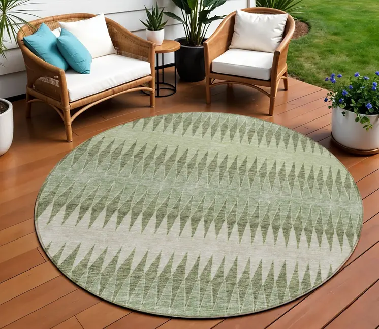 8' Artichoke Green And Light Green Round Striped Washable Indoor Outdoor Area Rug