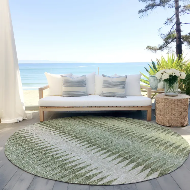 8' Artichoke Green And Light Green Round Striped Washable Indoor Outdoor Area Rug