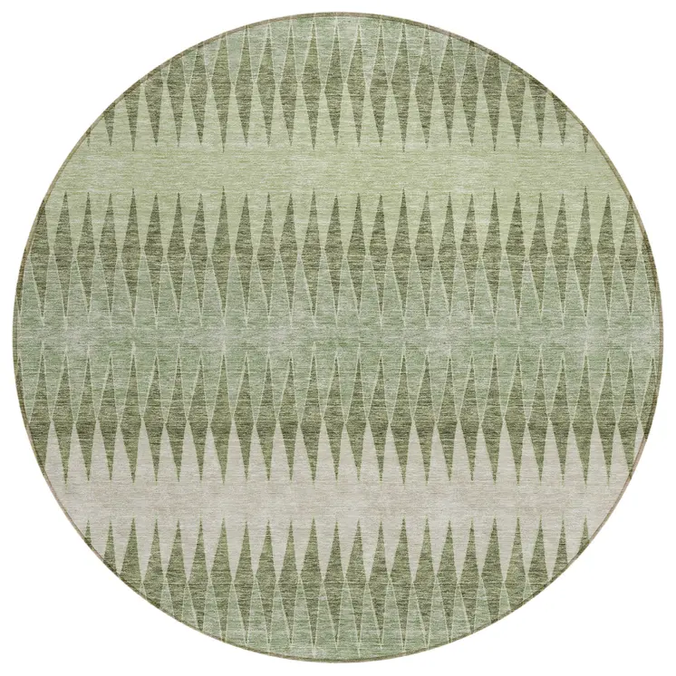 8' Artichoke Green And Light Green Round Striped Washable Indoor Outdoor Area Rug