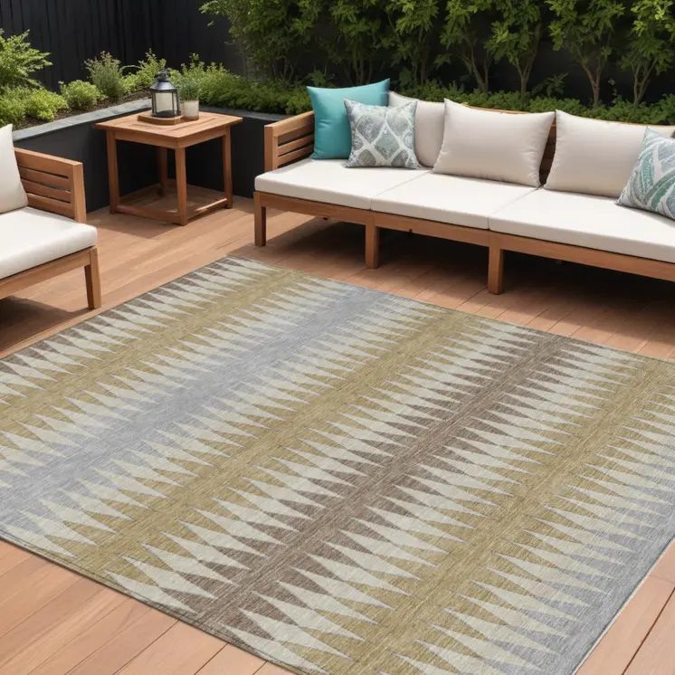 8' X 10' Beige Gray And Brown Striped Washable Indoor Outdoor Area Rug