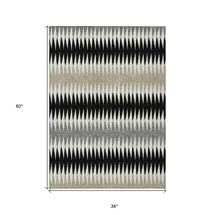 3' X 5' Black Gray And Beige Striped Washable Indoor Outdoor Area Rug