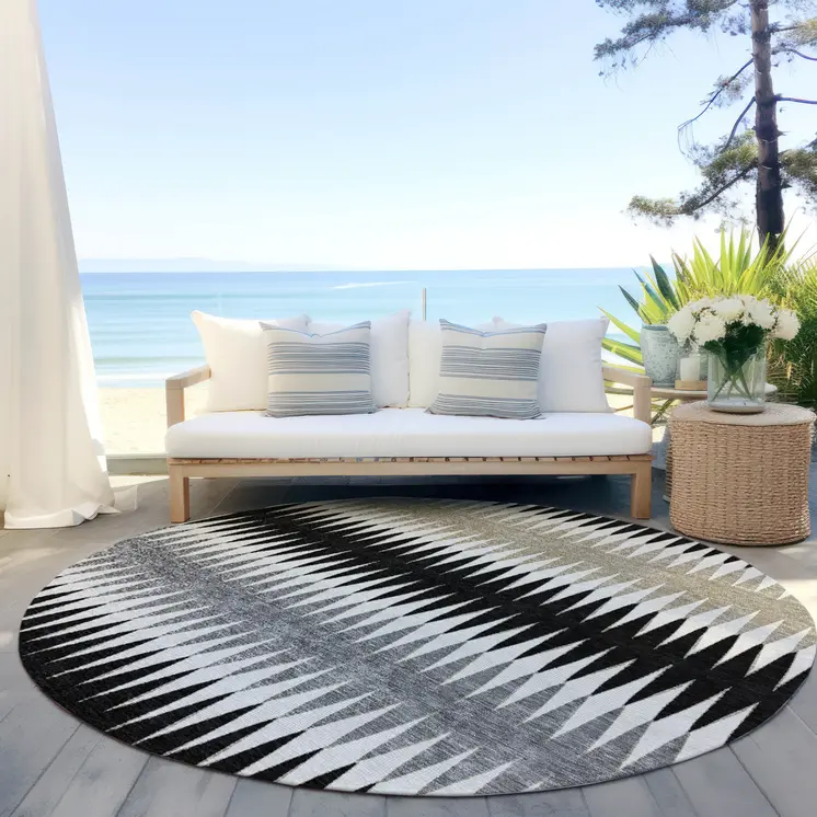 8' Black Gray And Beige Round Striped Washable Indoor Outdoor Area Rug
