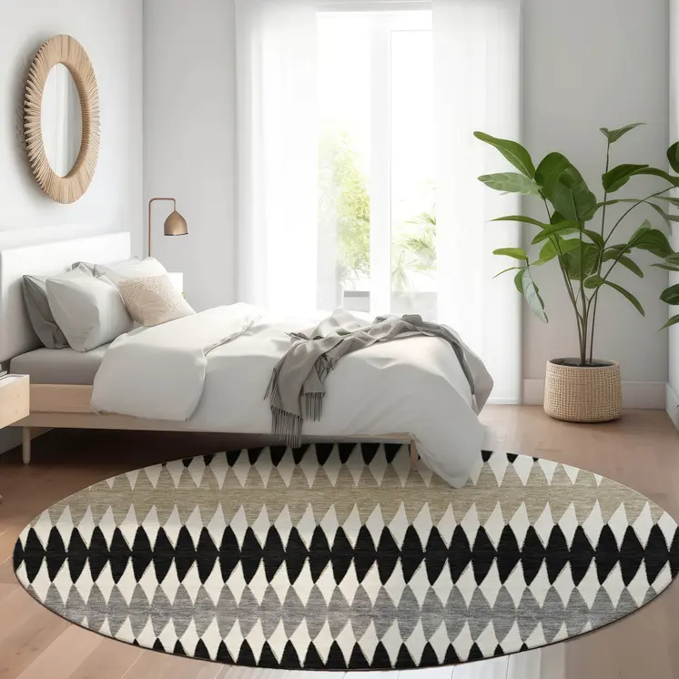 8' Black Gray And Beige Round Striped Washable Indoor Outdoor Area Rug