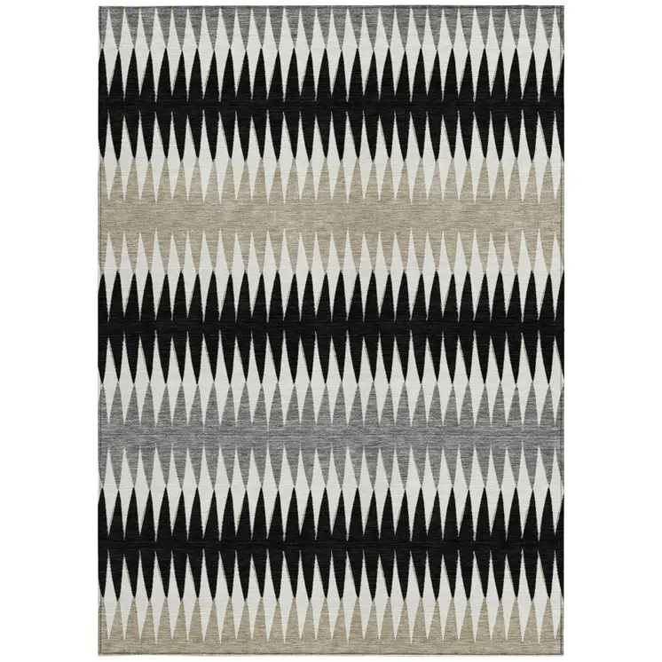 9' X 12' Black Gray And Beige Striped Washable Indoor Outdoor Area Rug