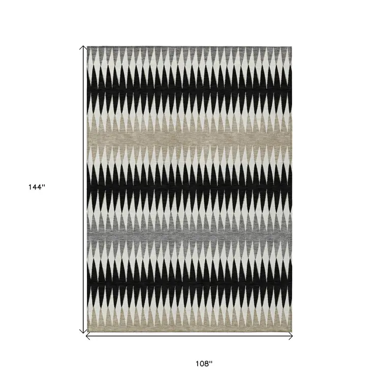 9' X 12' Black Gray And Beige Striped Washable Indoor Outdoor Area Rug