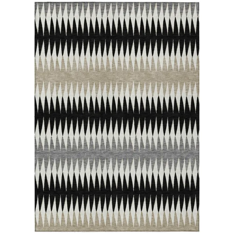 9' X 12' Black Gray And Beige Striped Washable Indoor Outdoor Area Rug