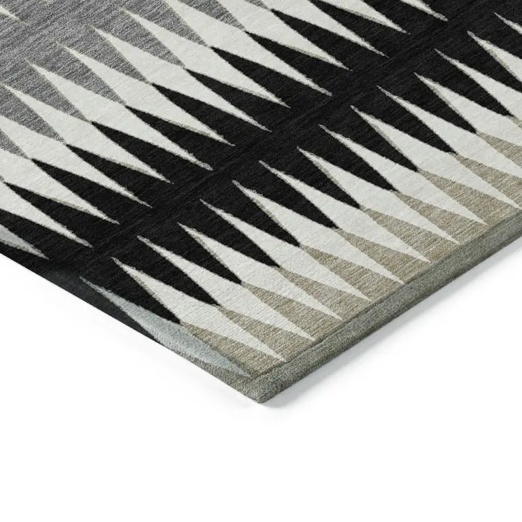 9' X 12' Black Gray And Beige Striped Washable Indoor Outdoor Area Rug