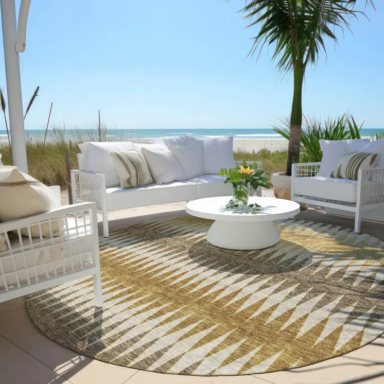 8' Chocolate And Ivory Round Striped Washable Indoor Outdoor Area Rug