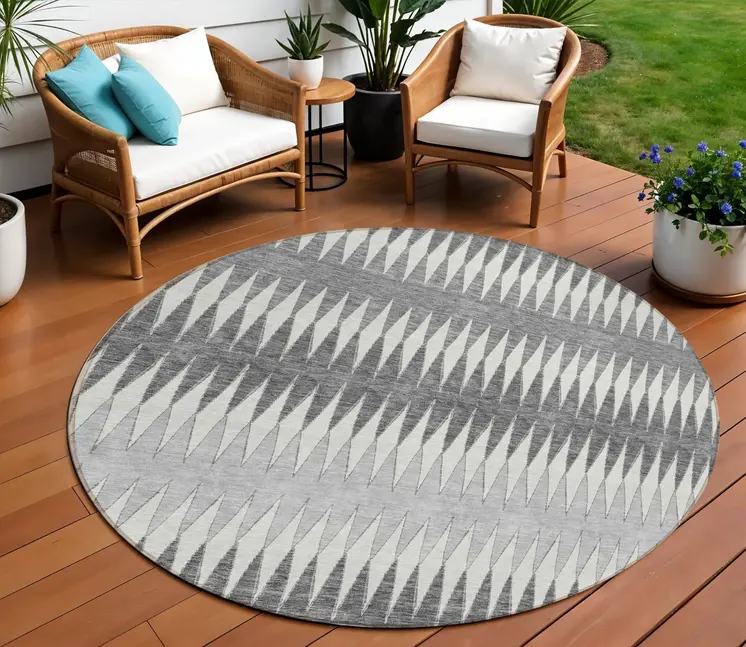 8' Gray And Ivory Round Striped Washable Indoor Outdoor Area Rug