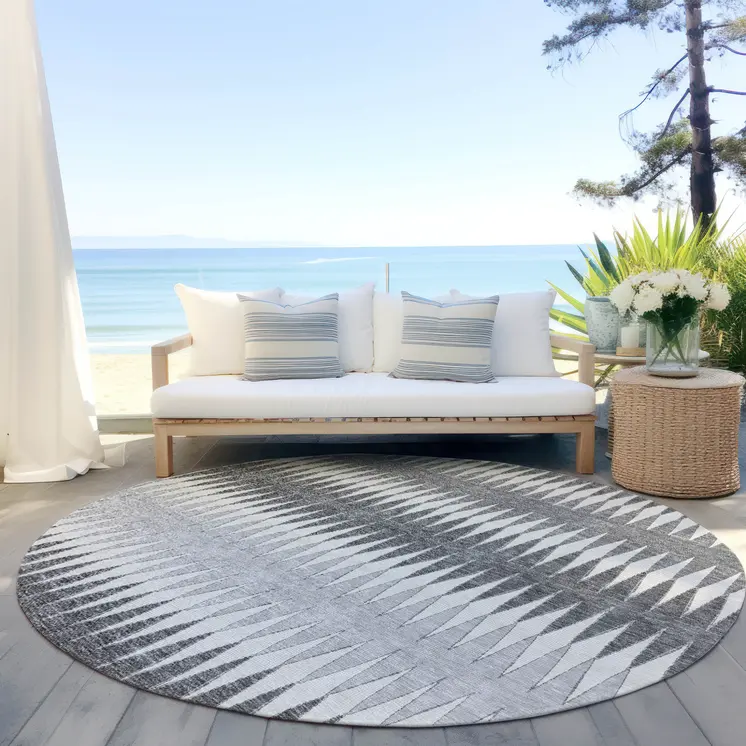 8' Gray And Ivory Round Striped Washable Indoor Outdoor Area Rug