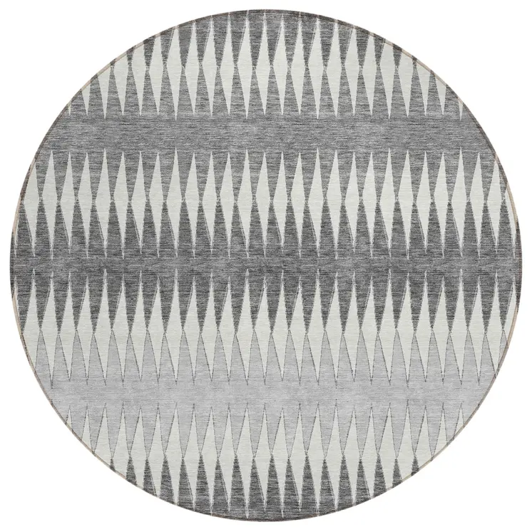 8' Gray And Ivory Round Striped Washable Indoor Outdoor Area Rug