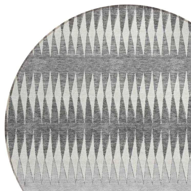 8' Gray And Ivory Round Striped Washable Indoor Outdoor Area Rug