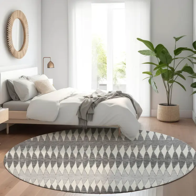 8' Gray And Ivory Round Striped Washable Indoor Outdoor Area Rug