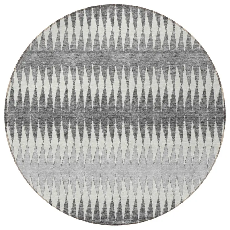 8' Gray And Ivory Round Striped Washable Indoor Outdoor Area Rug