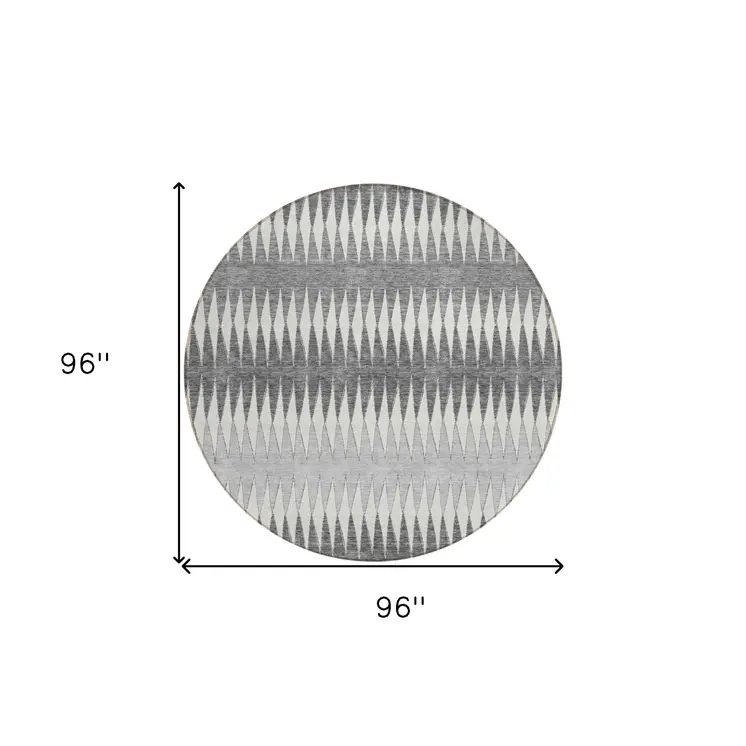 8' Gray And Ivory Round Striped Washable Indoor Outdoor Area Rug