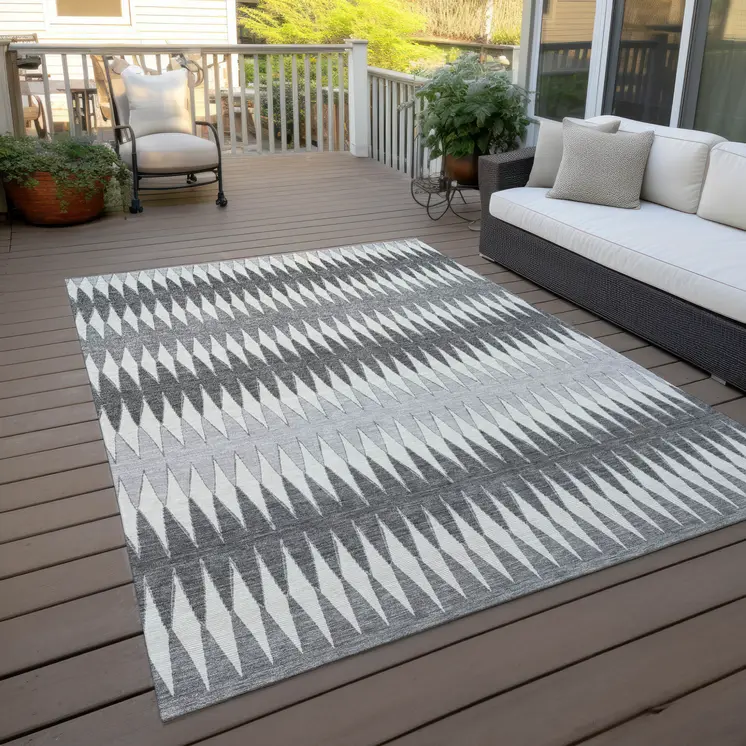 8' X 10' Gray And Ivory Striped Washable Indoor Outdoor Area Rug