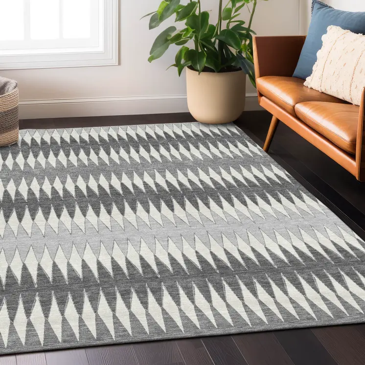 8' X 10' Gray And Ivory Striped Washable Indoor Outdoor Area Rug