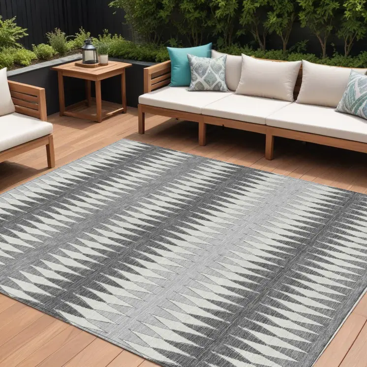 10' X 14' Gray And Ivory Striped Washable Indoor Outdoor Area Rug