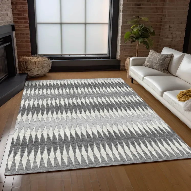 10' X 14' Gray And Ivory Striped Washable Indoor Outdoor Area Rug