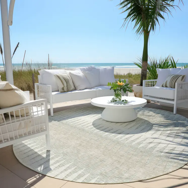 8' Ivory And Gray Round Striped Washable Indoor Outdoor Area Rug
