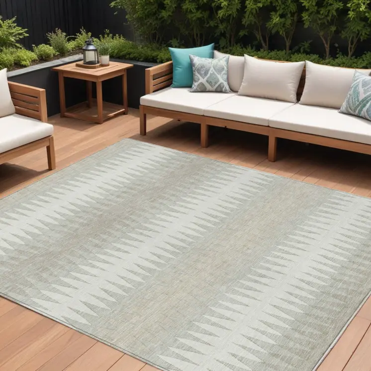 10' X 14' Ivory And Gray Striped Washable Indoor Outdoor Area Rug