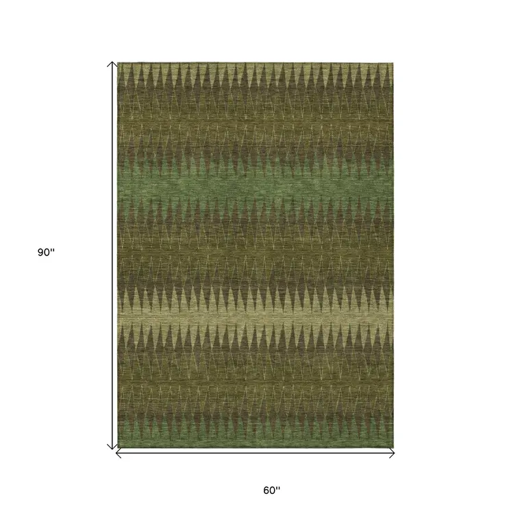 5' X 8' Olive Green And Dark Green Striped Washable Indoor Outdoor Area Rug