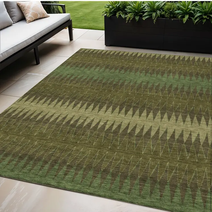 5' X 8' Olive Green And Dark Green Striped Washable Indoor Outdoor Area Rug