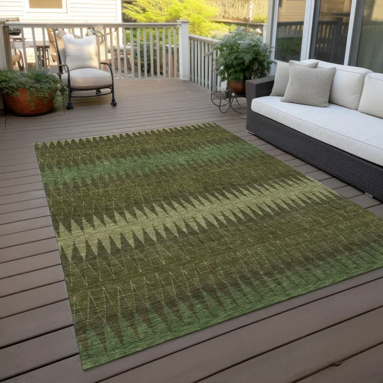 5' X 8' Olive Green And Dark Green Striped Washable Indoor Outdoor Area Rug