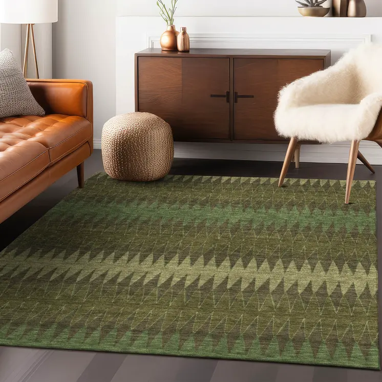 5' X 8' Olive Green And Dark Green Striped Washable Indoor Outdoor Area Rug