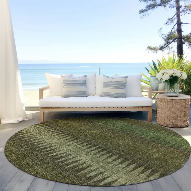 8' Olive Green And Dark Green Round Striped Washable Indoor Outdoor Area Rug