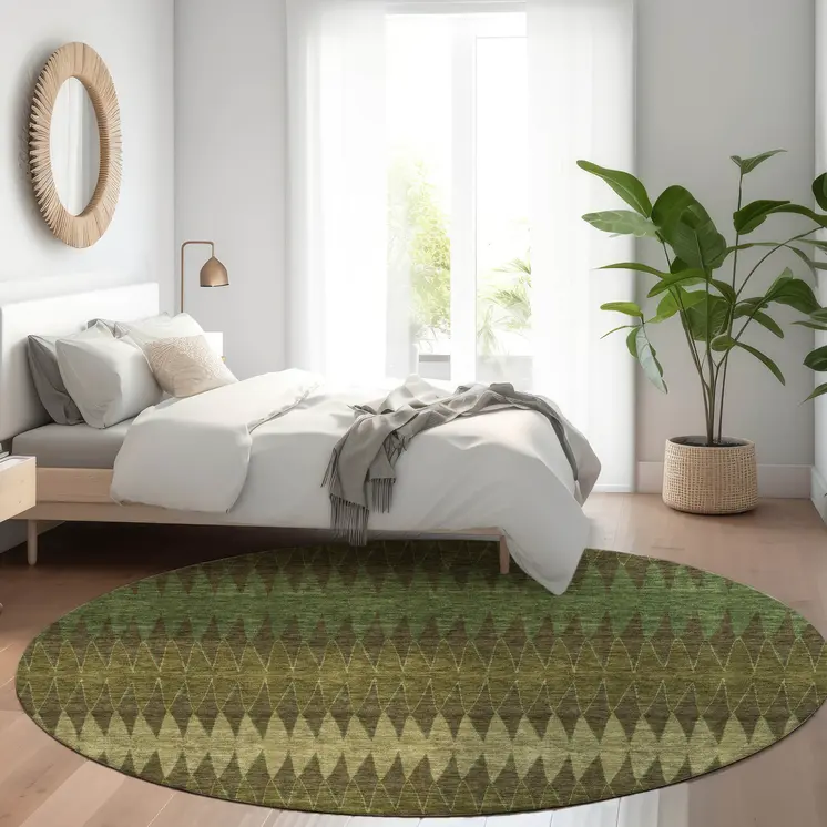 8' Olive Green And Dark Green Round Striped Washable Indoor Outdoor Area Rug
