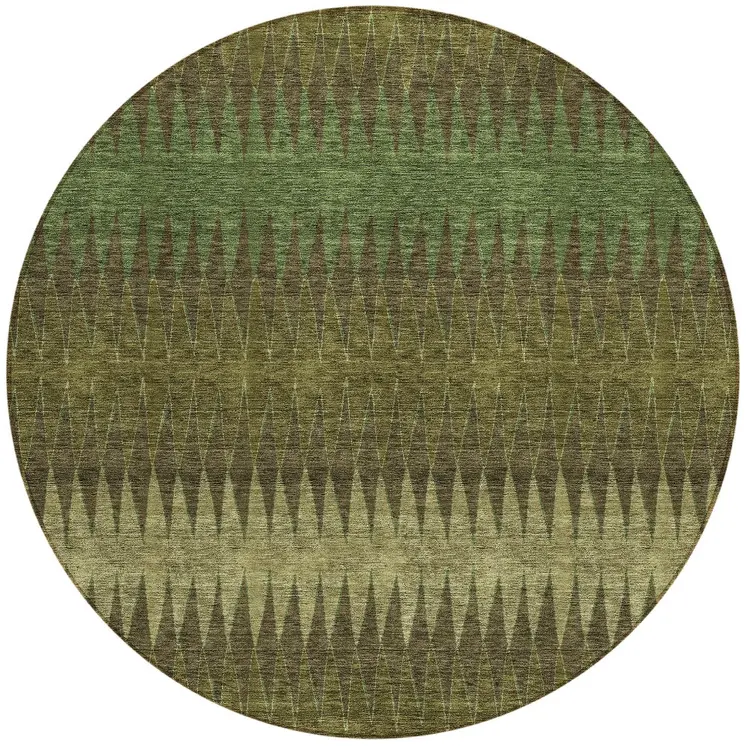 8' Olive Green And Dark Green Round Striped Washable Indoor Outdoor Area Rug