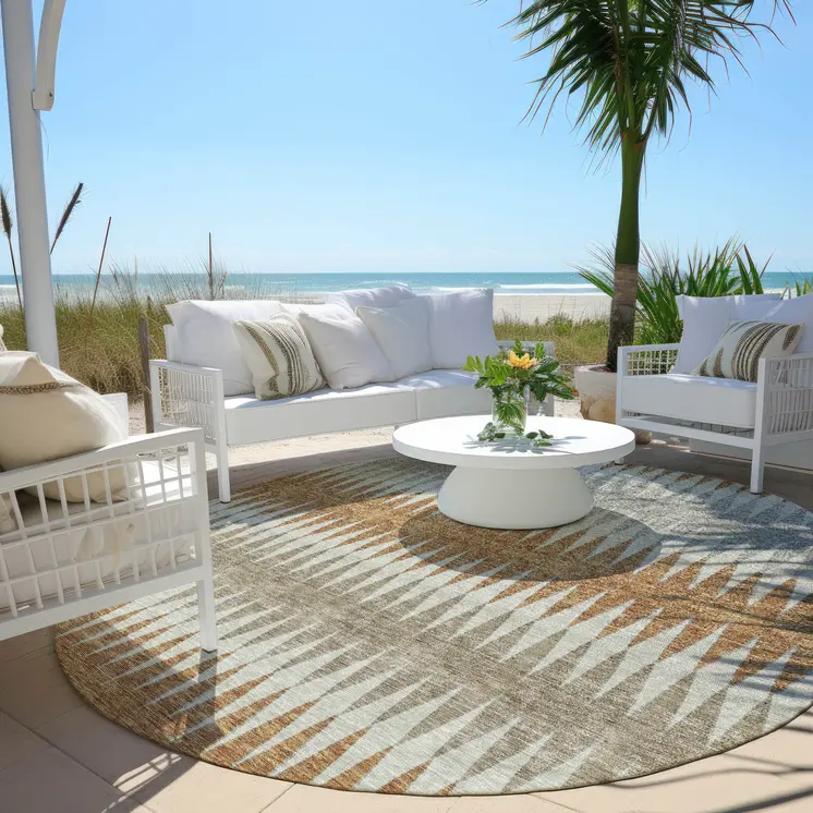8' Orange Gray And Beige Round Striped Washable Indoor Outdoor Area Rug