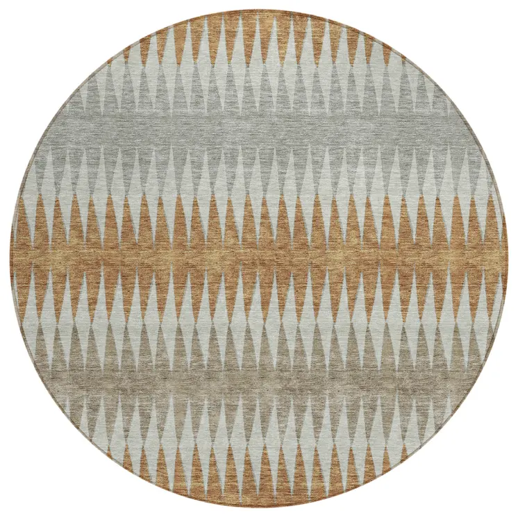 8' Orange Gray And Beige Round Striped Washable Indoor Outdoor Area Rug
