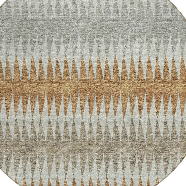 8' Orange Gray And Beige Round Striped Washable Indoor Outdoor Area Rug