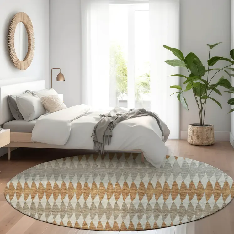 8' Orange Gray And Beige Round Striped Washable Indoor Outdoor Area Rug