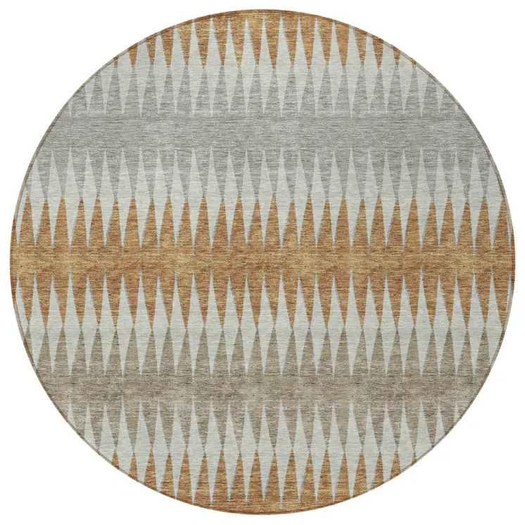8' Orange Gray And Beige Round Striped Washable Indoor Outdoor Area Rug