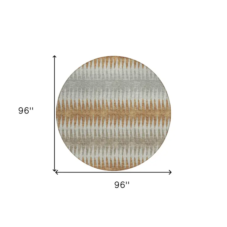 8' Orange Gray And Beige Round Striped Washable Indoor Outdoor Area Rug