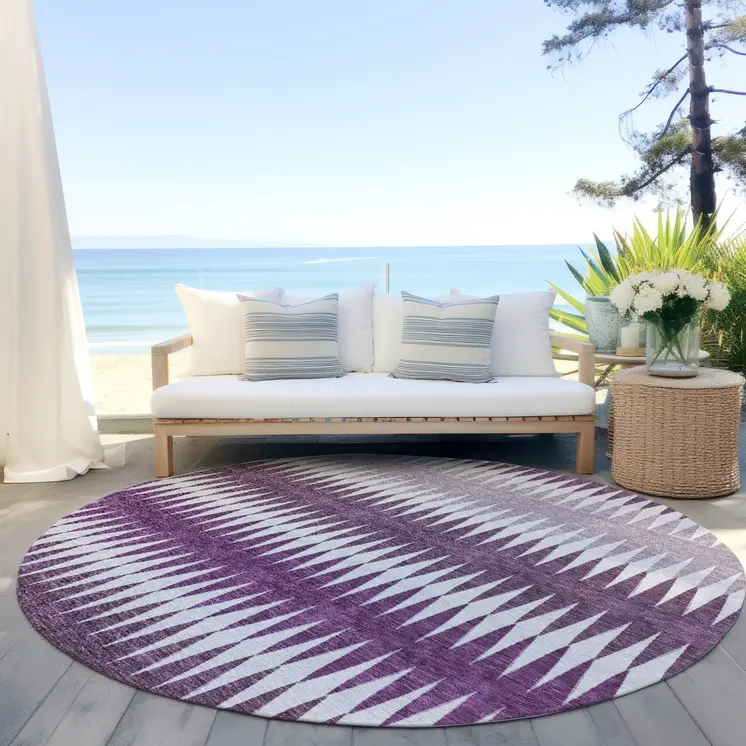 8' Purple And Ivory Round Striped Washable Indoor Outdoor Area Rug
