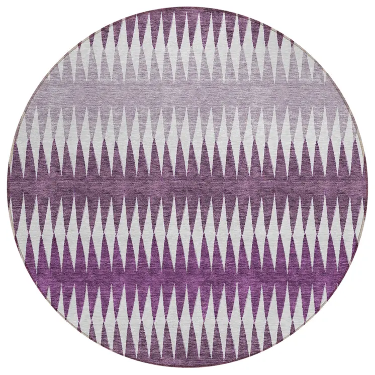 8' Purple And Ivory Round Striped Washable Indoor Outdoor Area Rug