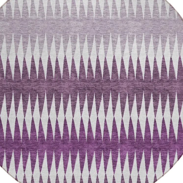 8' Purple And Ivory Round Striped Washable Indoor Outdoor Area Rug