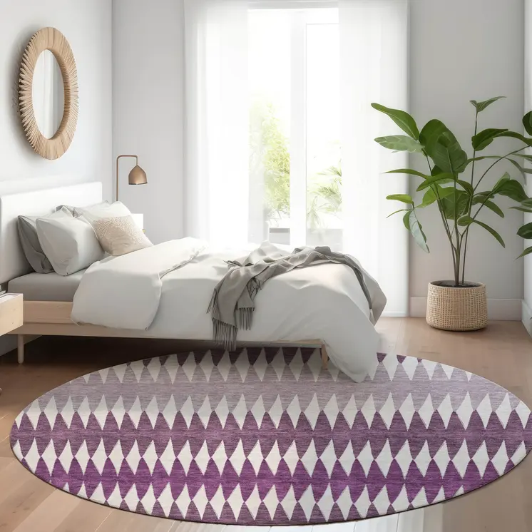 8' Purple And Ivory Round Striped Washable Indoor Outdoor Area Rug