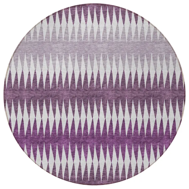 8' Purple And Ivory Round Striped Washable Indoor Outdoor Area Rug