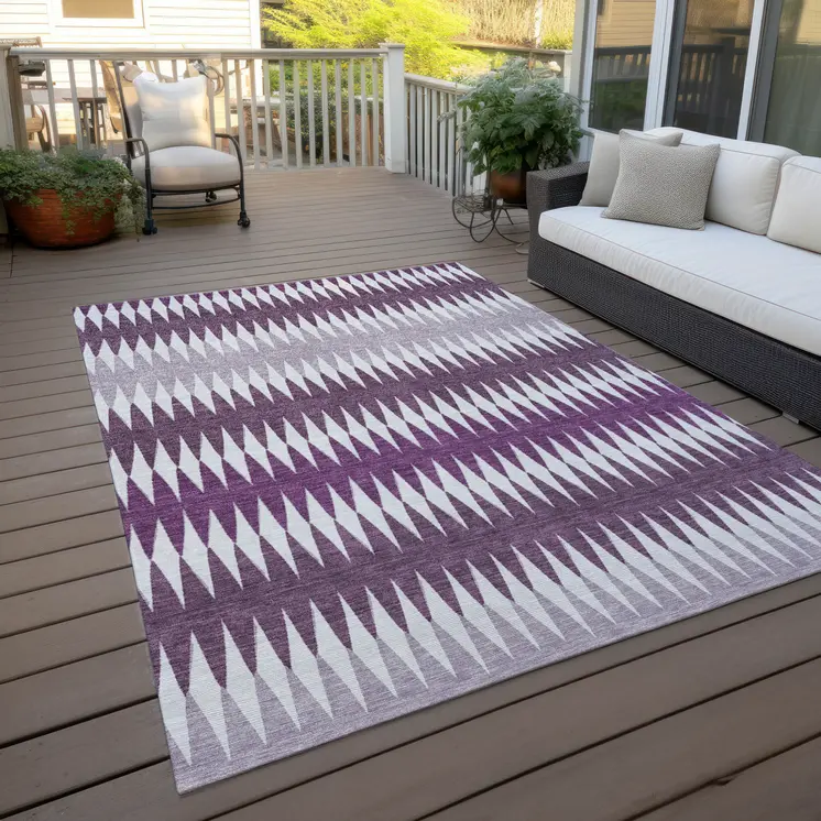 9' X 12' Purple And Ivory Striped Washable Indoor Outdoor Area Rug