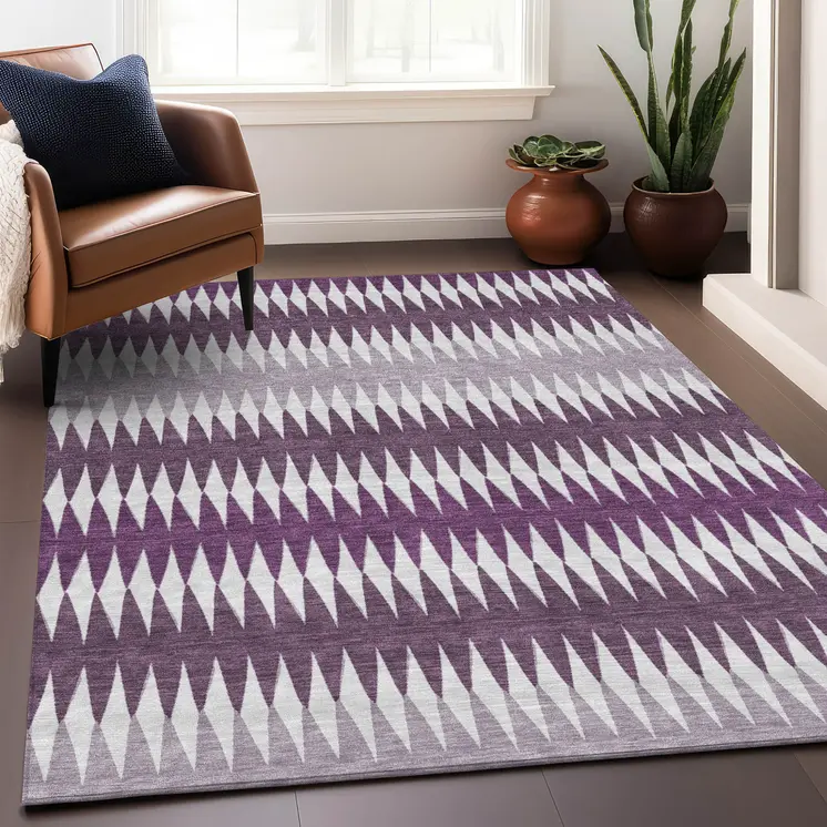 9' X 12' Purple And Ivory Striped Washable Indoor Outdoor Area Rug