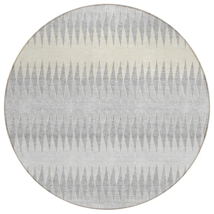 8' Silver Gray And Ivory Round Striped Washable Indoor Outdoor Area Rug