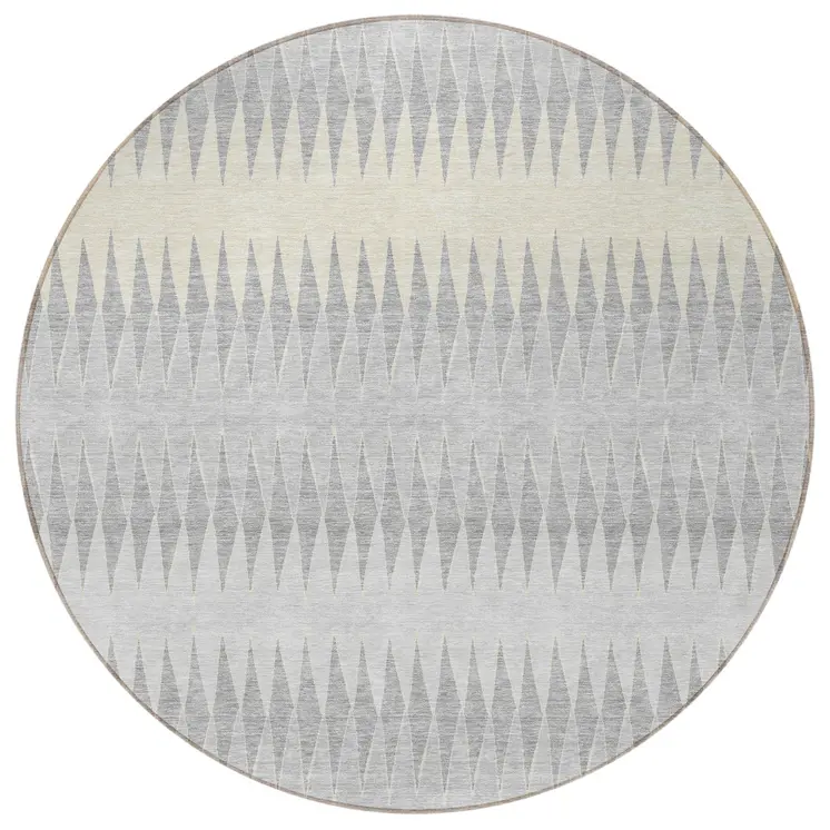 8' Silver Gray And Ivory Round Striped Washable Indoor Outdoor Area Rug