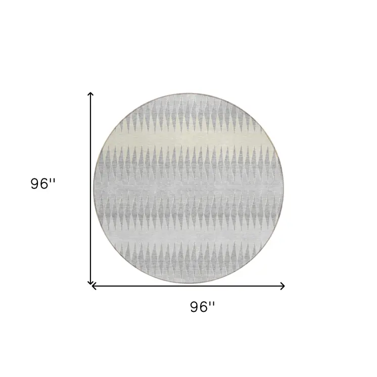 8' Silver Gray And Ivory Round Striped Washable Indoor Outdoor Area Rug